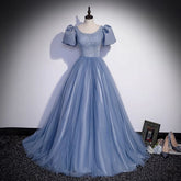 Ball Gown Dusty Blue Prom Dress with Bubble Sleeves - Dollygown